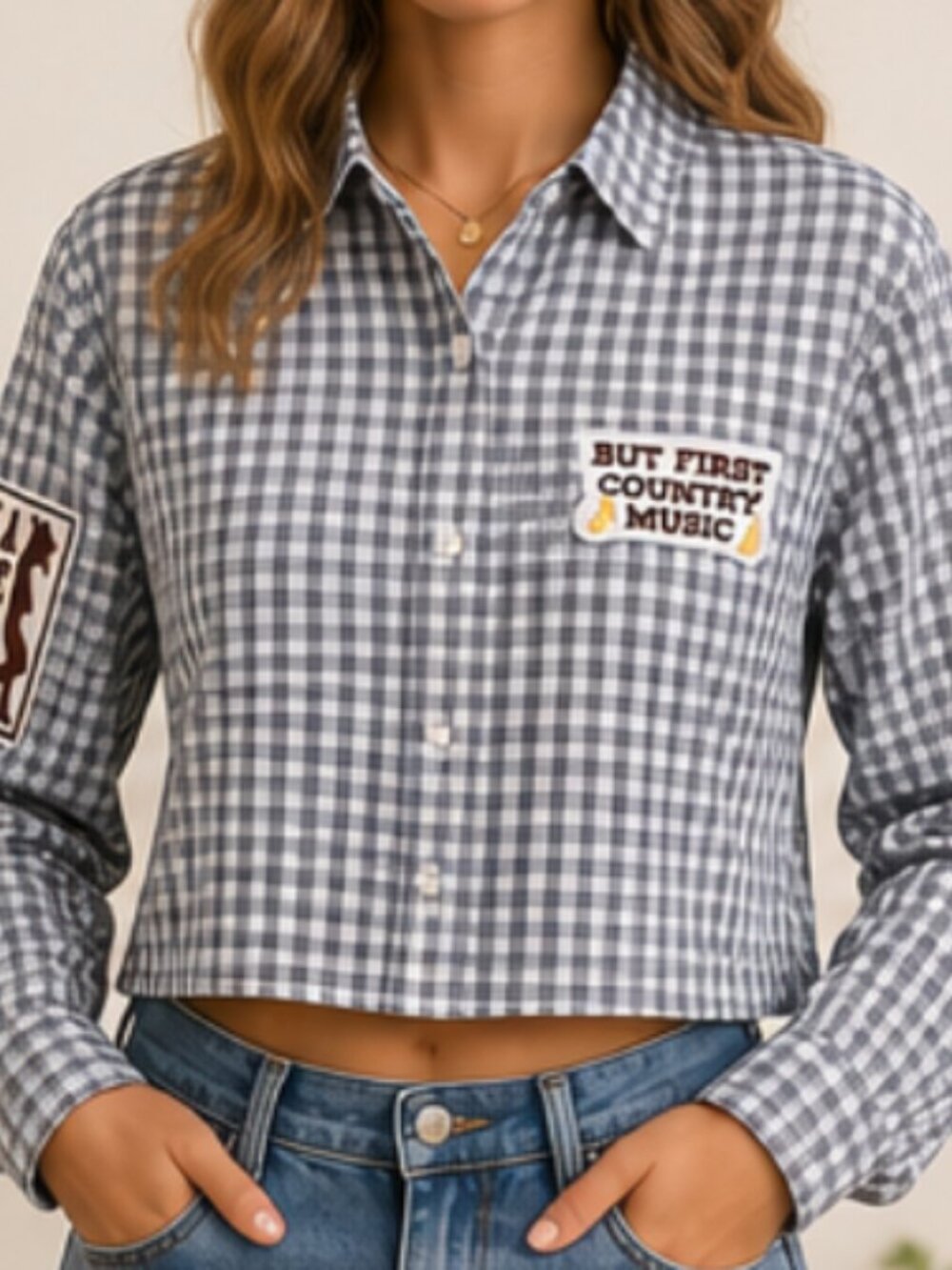 Cropped Button Up Shirt Small Brown Gingham Merona Reworked Classic Preppy Crop